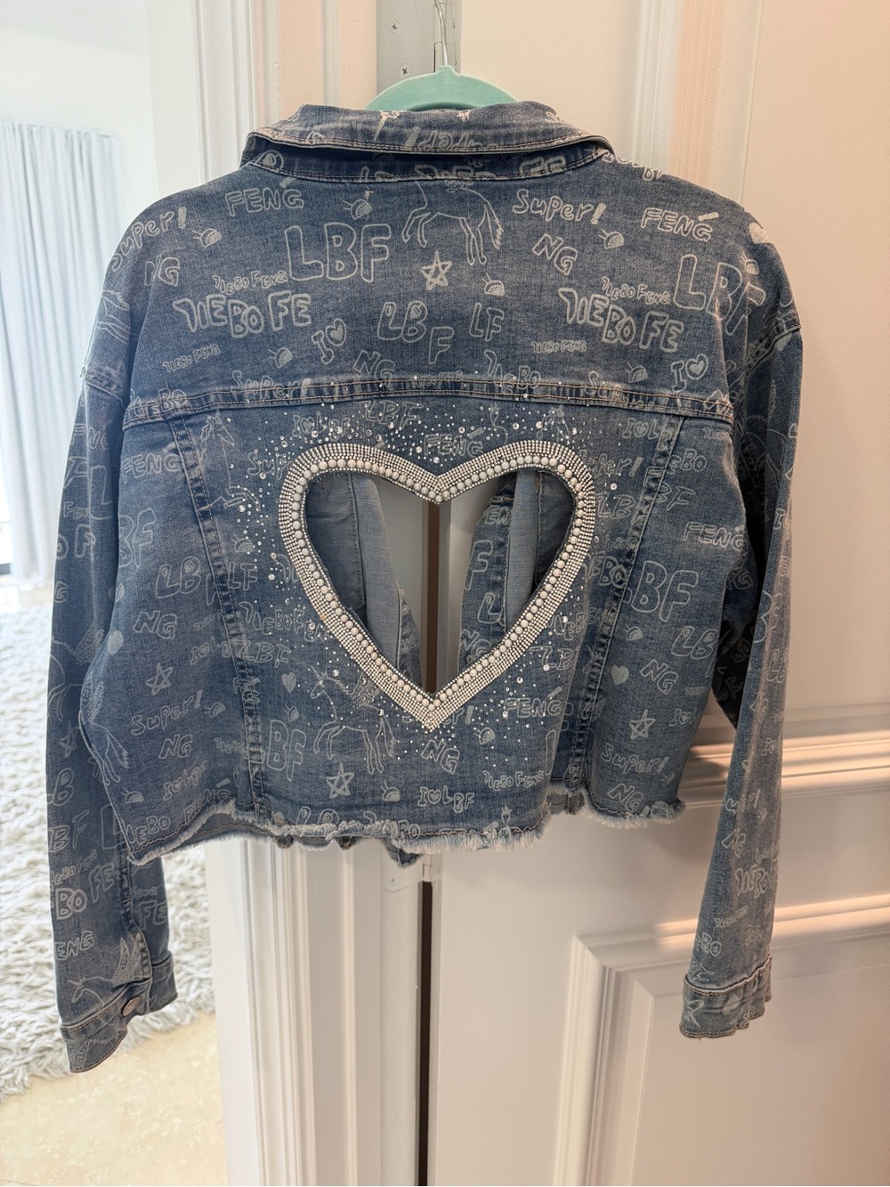 Blue Graphic Denim Jacket Embellished & cut out heart - Women